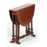 A 19TH CENTURY WALNUT MINIATURE SUTHERLAND TABLE with moulded edge oval top above a turned base with
