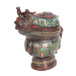 A CHINESE CAST BRONZE AND CLOISONNE CENSOR formed like a mythical creature with foo dog handle