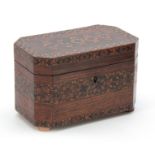 A 19th CENTURY TUNBRIDGE WARE INLAID TEA CADDY with canted corners and hinged lid opening to