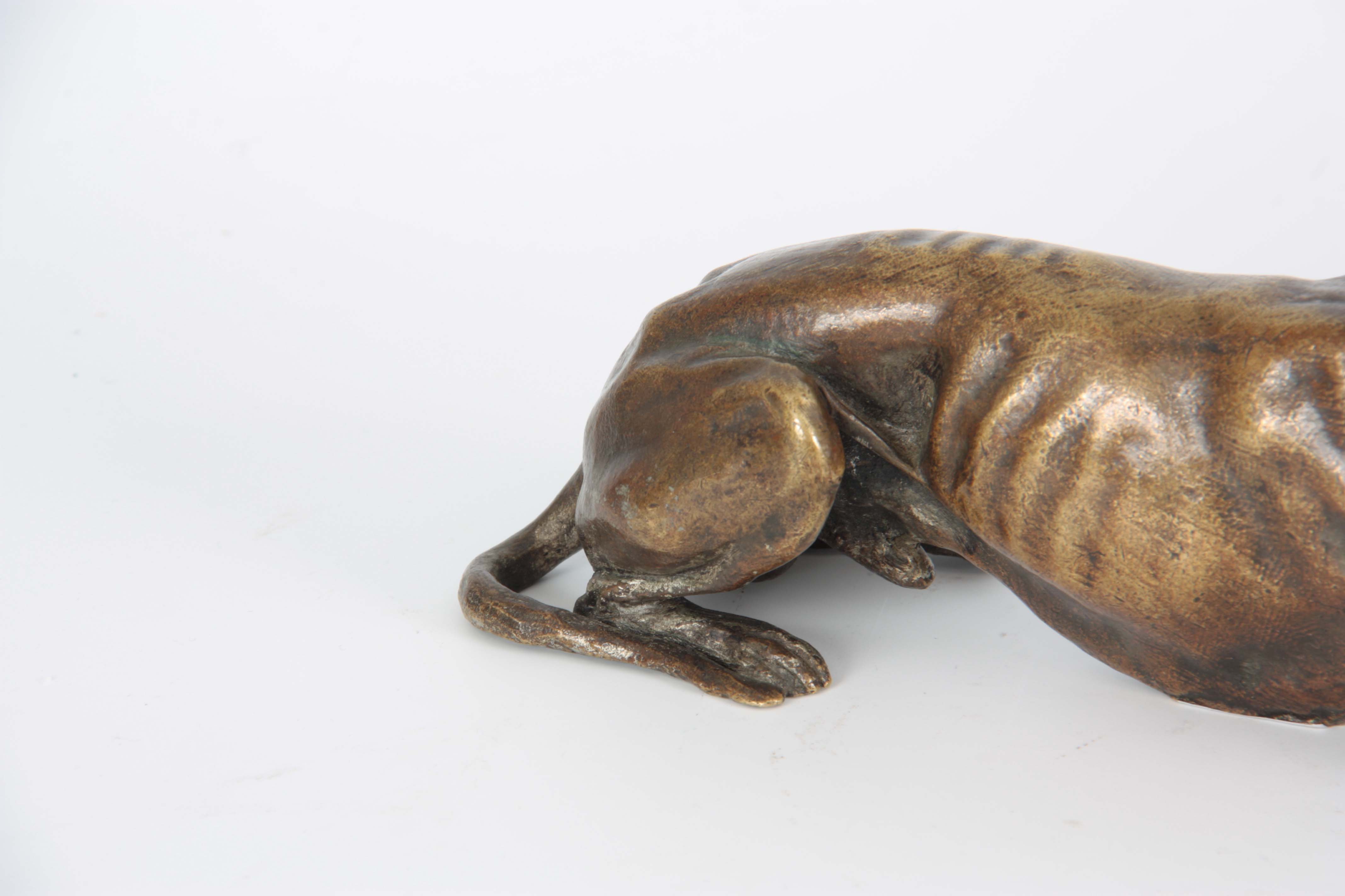 A LATE 19th CENTURY PATINATED BRONZE SCULPTURE modelled as a recumbent greyhound 26cm long - Image 3 of 6
