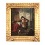 A 19TH CENTURY CONTINENTAL OIL ON CANVAS. An 18th-century gentleman in an interior scene 45cm high