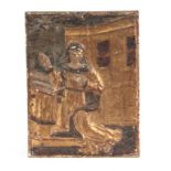 AN EARLY EUROPEAN CARVED GILT GESSO PANEL OF A SAINT 34.5cm wide 27cm high