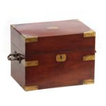 AN 18TH CENTURY MAHOGANY BRASS BOUND BOX with Rococo shaped carrying handles and hinged lid 43cm