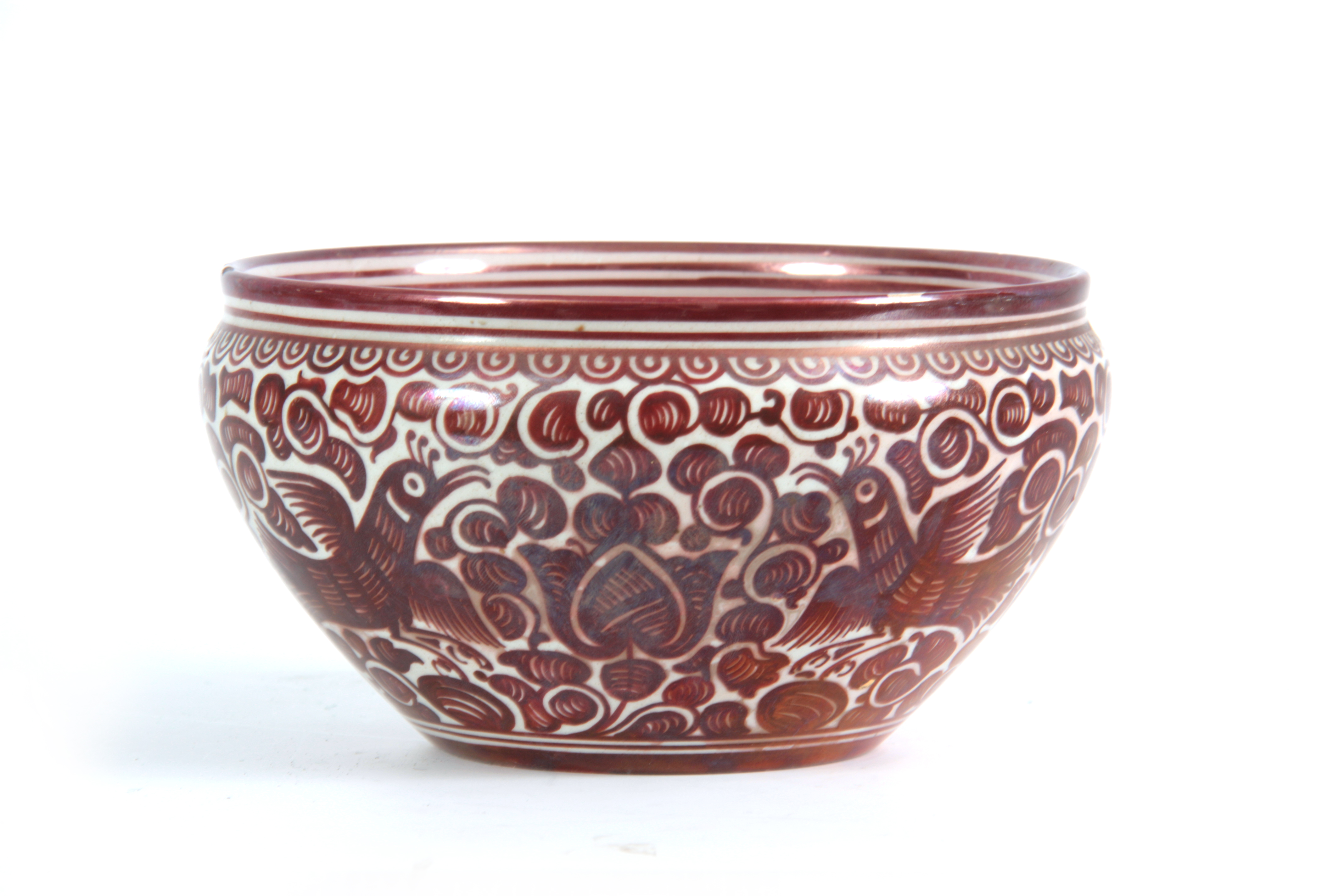 A 20TH CENTURY CANTEGALI RUBY LUSTRE BOWL decorated with birds, bearing painted cockerel mark 11cm