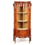 A 19TH CENTURY FRENCH ROSEWOOD, WALNUT AND MARQUETRY INLAID DOUBLE SERPENTINE FRONTED VITRINE WITH