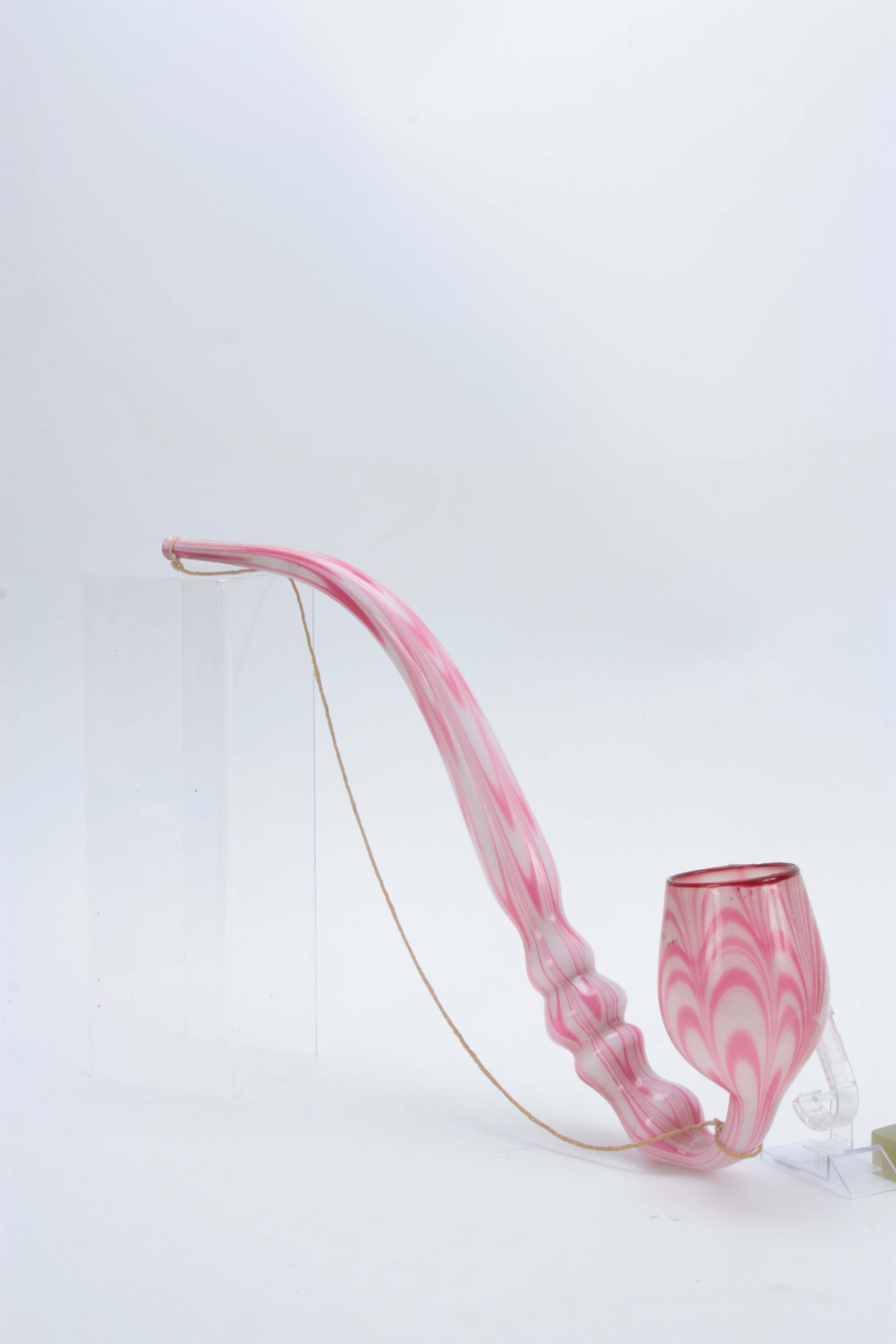 A LARGE 19TH CENTURY STOURBRIDGE GLASS PIPE of twisted pink and opaque design 50cm overall. - Image 3 of 10