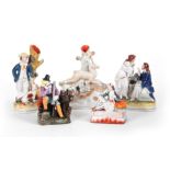 A SELECTION OF FIVE 19TH CENTURY STAFFORDSHIRE FIGURES comprising of a hound hunting staff spill