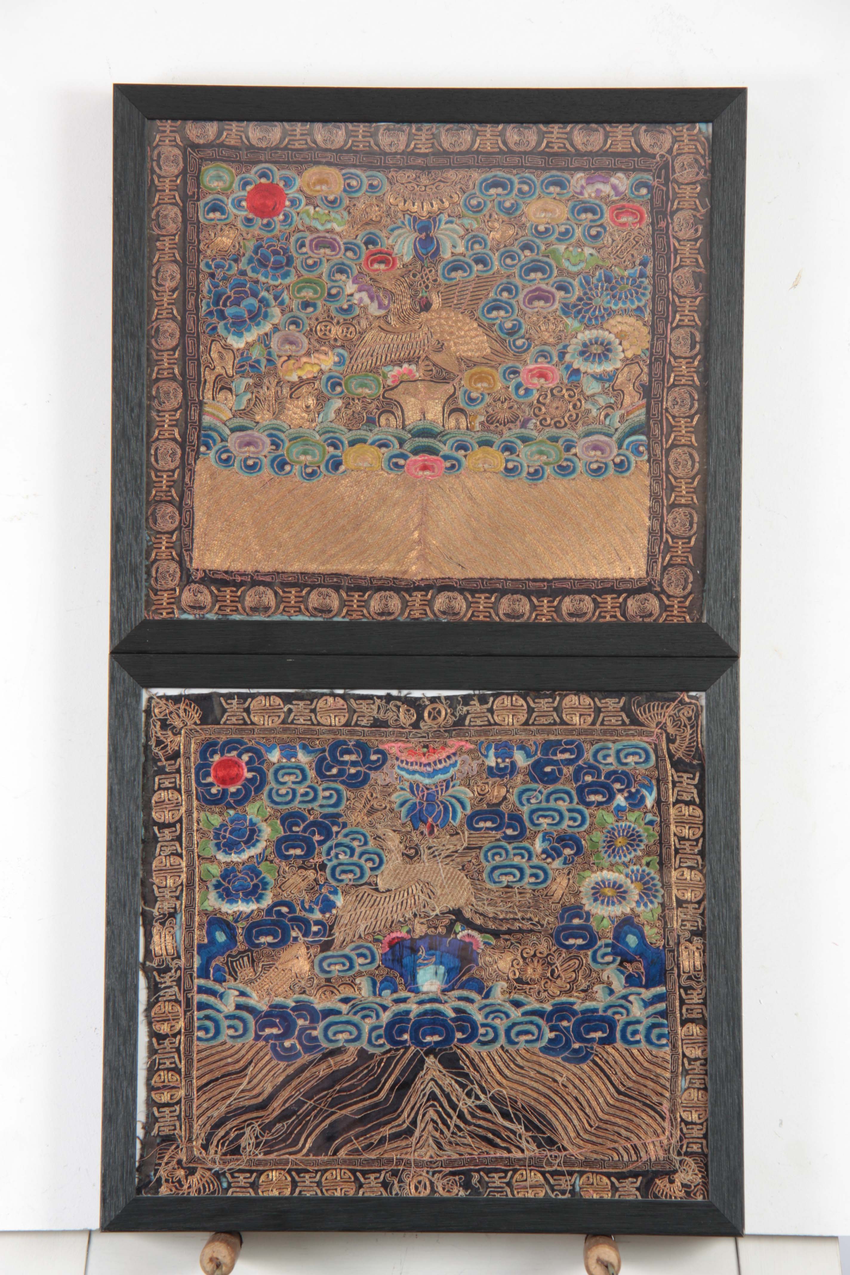 A PAIR OF LATE 19th CENTURY CHINESE SCHOLAR RANK BADGES having a fine gold thread depicting a Golden - Image 5 of 6