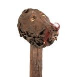 AN UNUSUAL 19TH CENTURY AFRICAN CAMEROON MONKEY-HEAD SEPTURE / WITCH DOCTORS WAND with bound