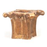 AN 18TH CENTURY CARVED GILT GESSO CAPITAL with scrolled corners and shell carved centres 52cm square