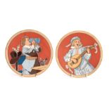 A PAIR OF METTLACH HANGING PLAQUES depicting a pair of figures in drinking and musical pursuits 20cm