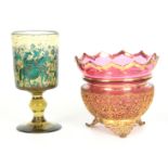 A 20TH CENTURY FINELY WORKED GILT FILIGREE OVER LAID CONTINENTAL CRANBERRY GLASS BOWL with gilt