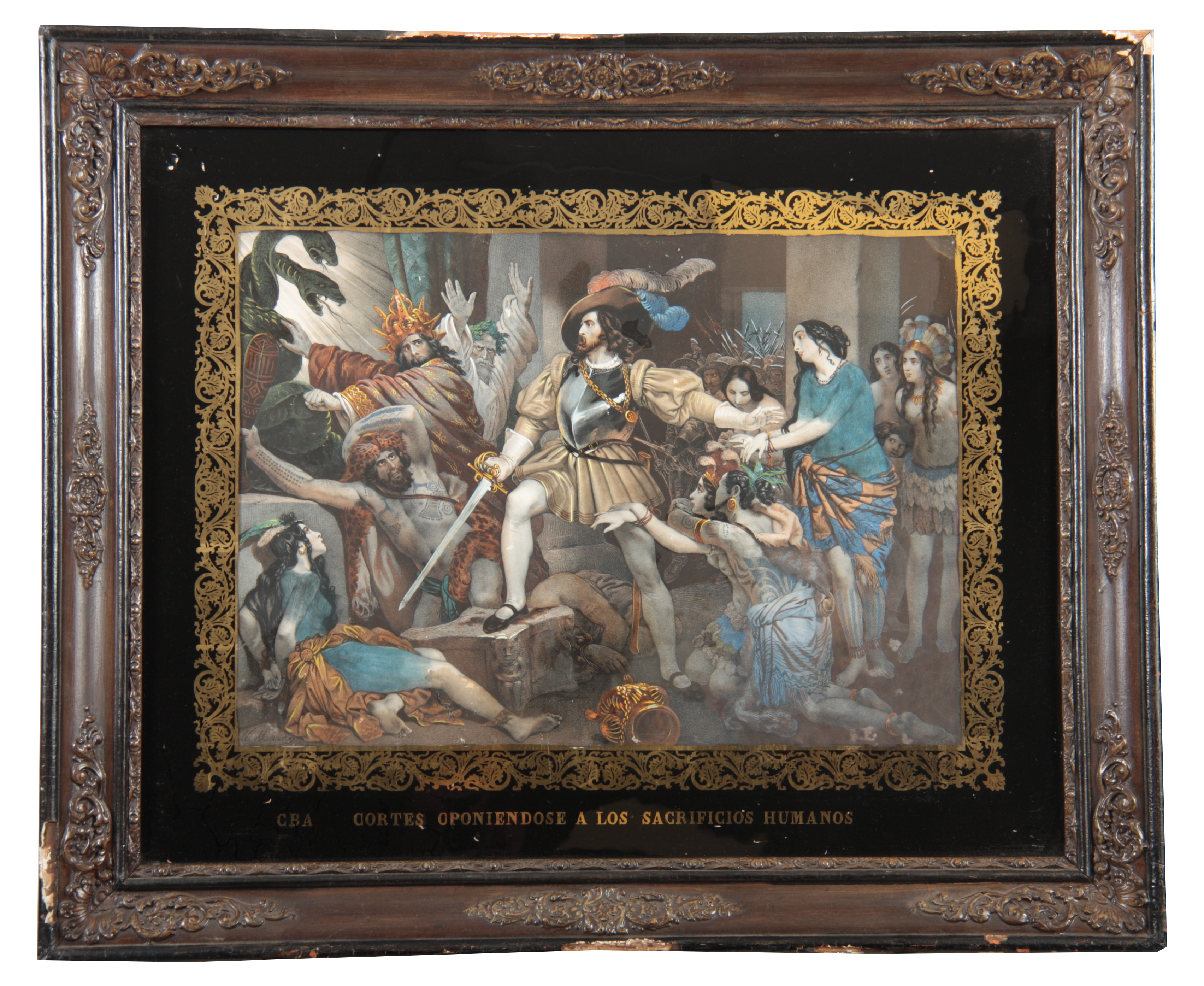 19TH CENTURY CONTINENTAL COLOURED PRINT. Figures in a sacrificial scene, scrolled gilt and titled