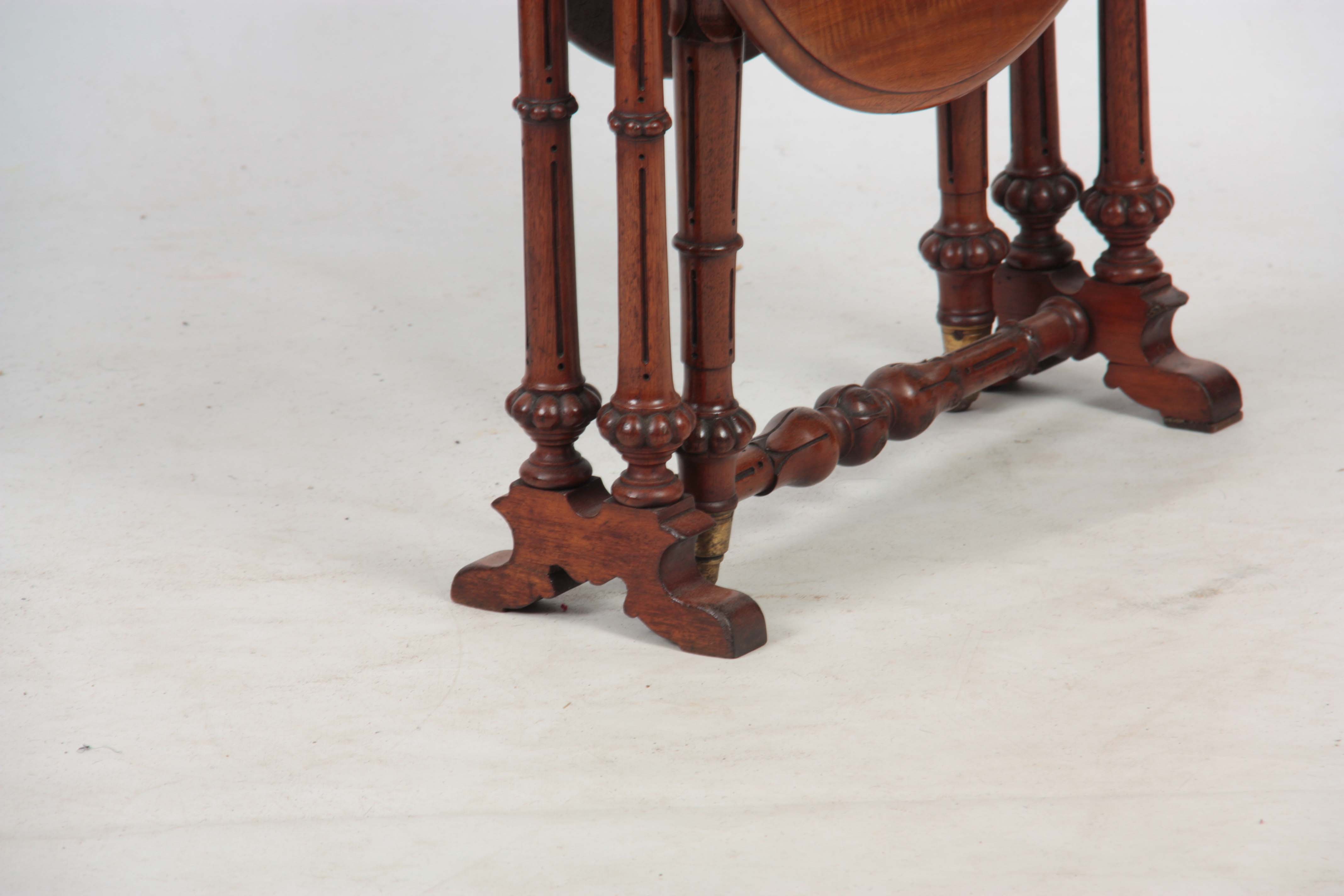 A 19TH CENTURY WALNUT MINIATURE SUTHERLAND TABLE with moulded edge oval top above a turned base with - Image 4 of 7