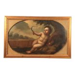 AN 18TH CENTURY FLEMISH SCHOOL OIL ON CANVAS - Allegorical figure of summer as a putti with a sickle