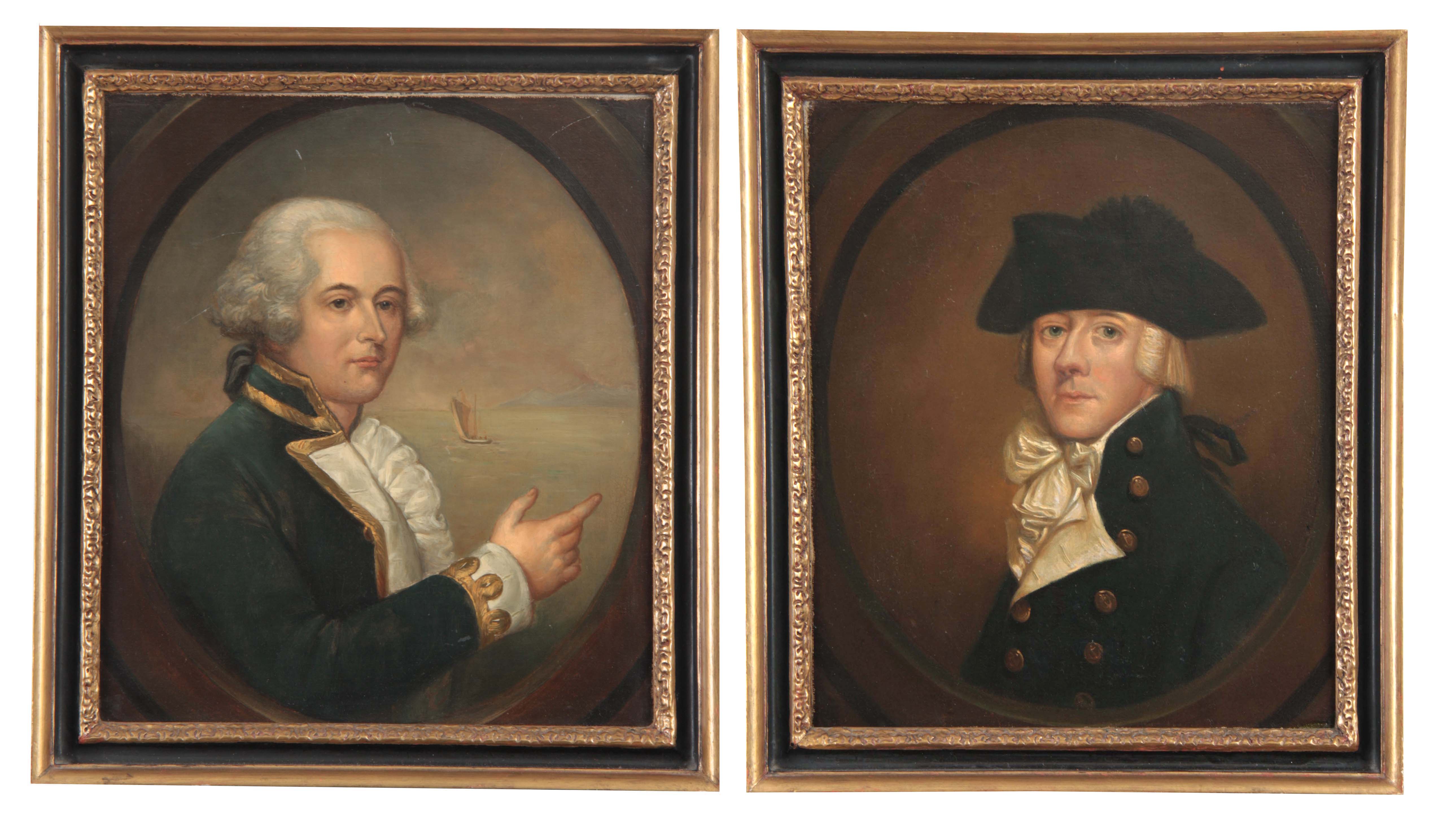 A PAIR OF 19TH CENTURY MARINE PORTRAITS depicting Naval Officers 40cm high 35cm wide - mounted in