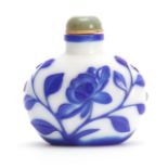 A 19TH CENTURY OVERSIZED CHINESE PEKING GLASS SNUFF BOTTLE WITH ROUNDED JADE STOPPER the opaque
