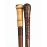 TWO 19TH CENTURY LADIES WALKING CANES one having elaborate pique work decoration to the handle,