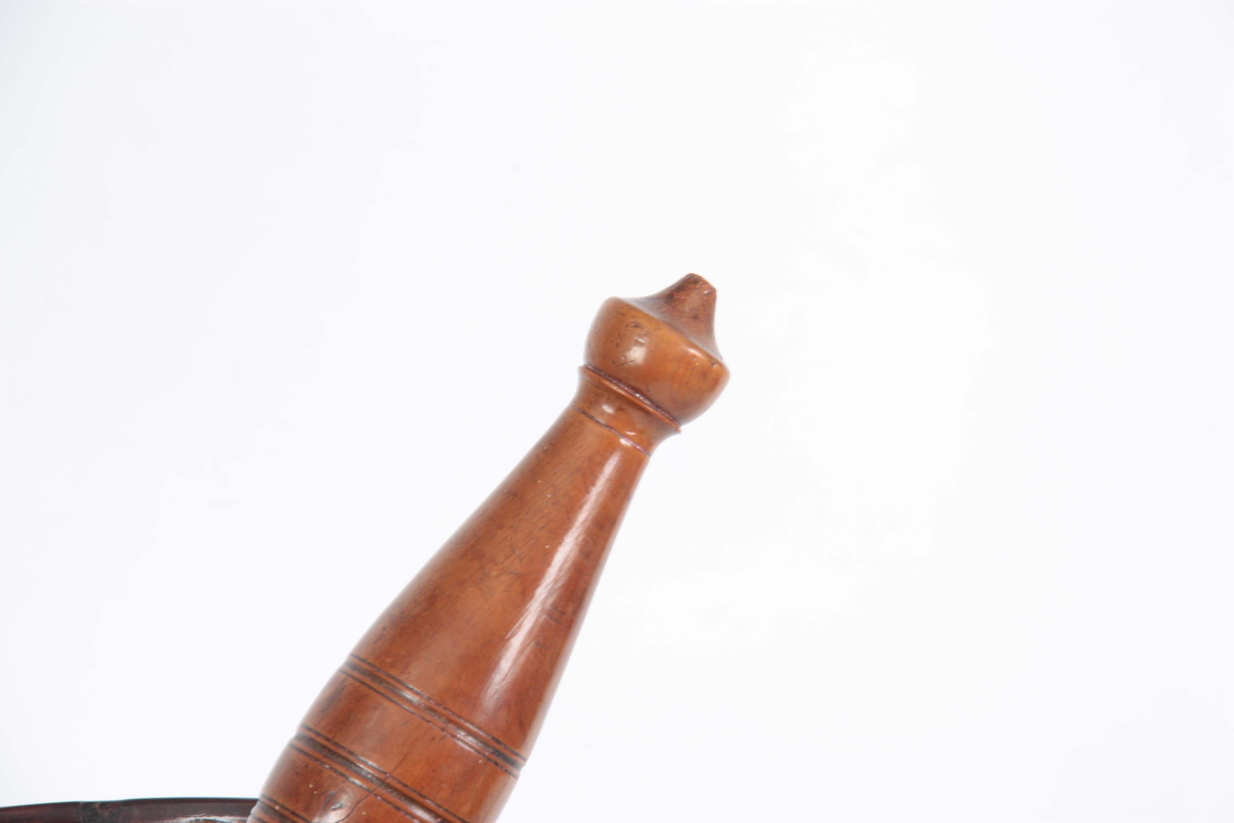 AN 18TH CENTURY YEW-WOOD PESTLE AND MORTAR of ribbed bulbous form with later Pestle 23cm high 20cm - Image 2 of 5