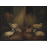 A PAIR OF 19TH CENTURY OIL ON PANELS depicting sheep in stables, monogrammed A.E. - mounted in