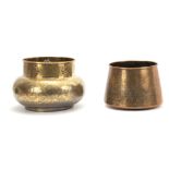 TWO 19TH CENTURY ISLAMIC BRASS JARDINIERS the larger with a bulbous engraved body with matching,