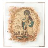 A 17TH CENTURY SILK EMBROIDERED STUMPWORK PANEL depicting a standing Saint with three infants in a