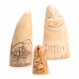 A 19TH CENTURY ENGRAVED SCRIMSHAW WORK TUSK depicting a sailing ship dated 1896 11cm high, A SMALL