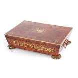 A REGENCY BRASS INLAID ROSEWOOD GLOVE BOX having angled sides and leaf cast brass side handles and