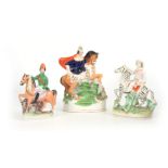 A SELECTION OF THREE 19TH CENTURY STAFFORDSHIRE EQUESTRIAN FIGURES comprising of a Turkish figure