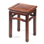 A 19TH CENTURY CHINESE HARDWOOD JARDINIERE STAND with panelled top and square legs joined by