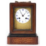 A MID 19th CENTURY FRENCH INLAID ROSEWOOD CASED CARRIAGE STYLE MANTLE CLOCK enclosing a 3" porcelain