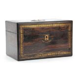 A LATE 19th CENTURY COROMANDEL AND BRASS INLAID TEA CADDY with hinged lid opening to reveal two