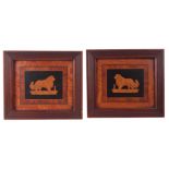 A PAIR OF LATE 19th CENTURY PARQUETRY INLAID WALL PANELS of two St Bernard's in reeded mahogany