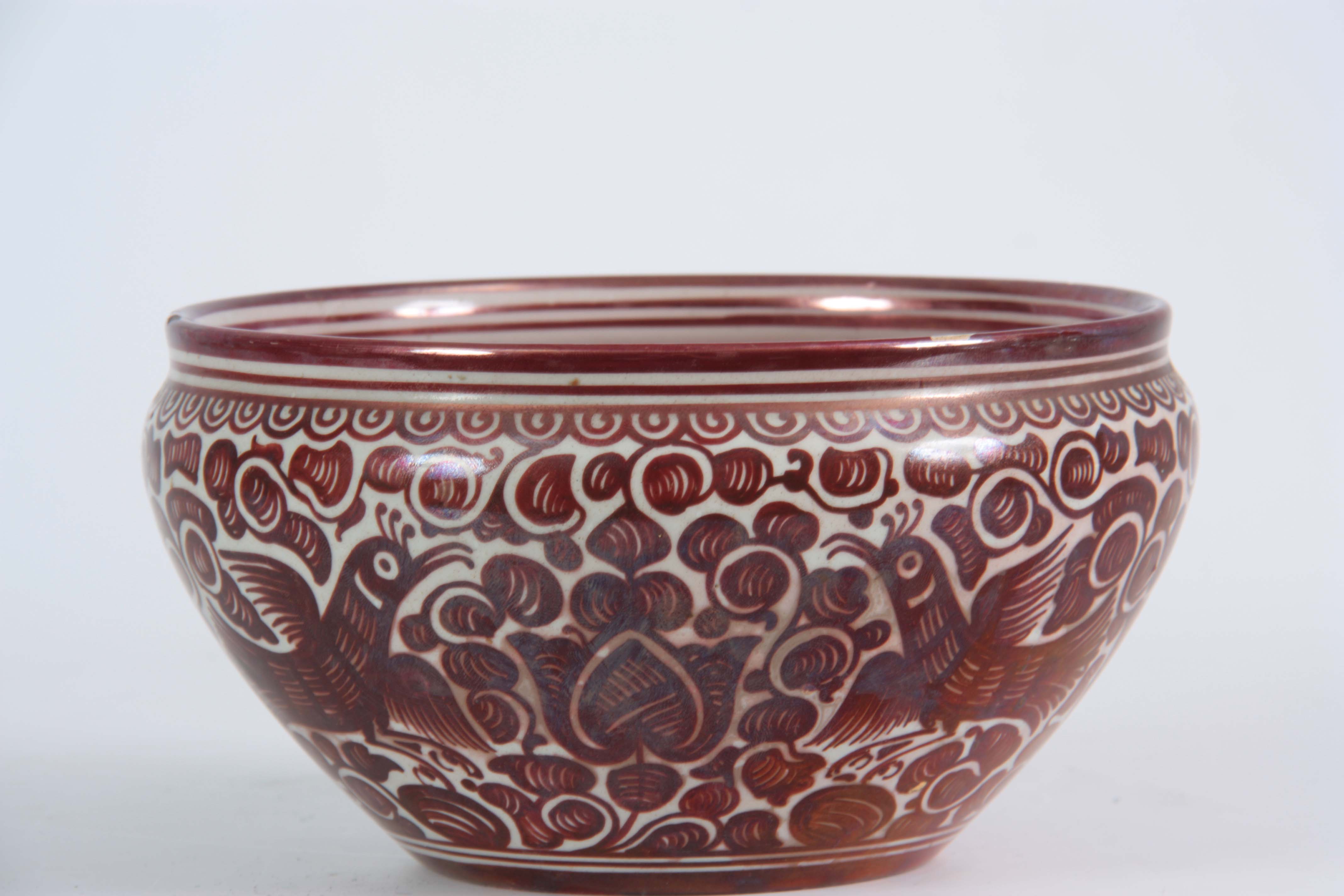 A 20TH CENTURY CANTEGALI RUBY LUSTRE BOWL decorated with birds, bearing painted cockerel mark 11cm - Image 2 of 3