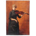 J.R. CRAWLEY. OIL ON BOARD. A late 19th portrait of a well-dressed lady playing the violin on