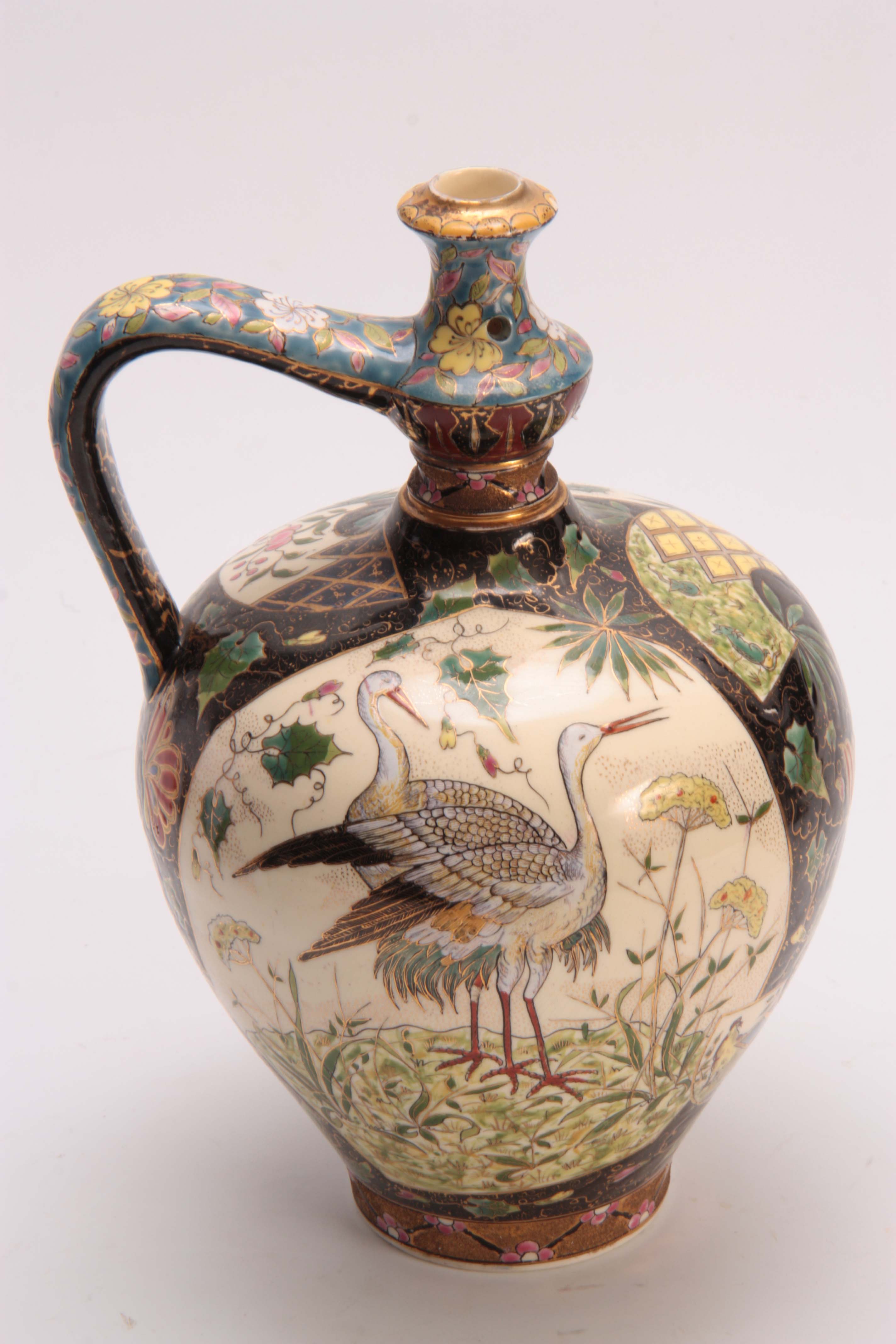 AN EARLY 20TH CENTURY HUNGARIAN FISCHER BUDAPEST WATER JUG decorated with birds and floral work - Image 4 of 5