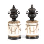 A PAIR 19TH CENTURY FRENCH INLAID WHITE MARBLE, ORMOLU MOUNTED AND BRONZE URN SHAPED SIDE PIECES