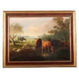 A 19TH CENTURY OIL ON CANVAS DEPICTING CATTLE WATERING IN A LANDSCAPE SETTING signed and in the