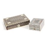 A LATE 19TH CENTURY ANGLO INDIAN MICRO MOSAIC, IVORY, EBONY AND PEWTER WATCH HOLDER with folding