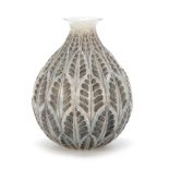 AN R, LALIQUE MALESHERBES CASED OPALESCENT AND GREY STAINED VASE having a bulbous body with leaf