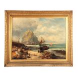 A 19th CENTURY OIL ON CANVAS. Coastal fishing scene 70cm high, 90cm wide - indistinct signature,