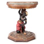 A LATE 19TH CENTURY BLACKAMOOR DEMI LUNE SIDE TABLE with mirrored top above a figural polychrome