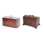 A GEORGE III YEW WOOD VENEERED TEA CADDY of rectangular form with clipped corners and hinged brass