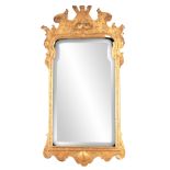 A GEORGE II GILT GESO HANGING MIRROR OF GENEROUS SIZE with a bevelled plate and leaf moulded