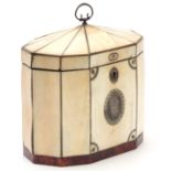 AN EARLY 19TH CENTURY INLAID SILVER IVORY AND TORTOISESHELL DECTAGNAL SHAPED TENT TOP TEA CADDY with