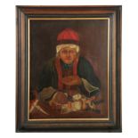 A LATE 19TH CENTURY OIL ON BOARD OF THE MONEY LENDER 54cm high 43cm - in a modern pine frame with