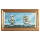 H W MOORE OIL ON BOARD depicting two galleons in full sail - signed dated 1935, mounted in a