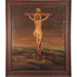 AN LATE 19th CENTURY RELIGIOUS OIL ON CANVAS of Jesus on the cross 59cm high, 81cm wide - in a