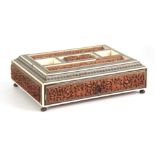 A 19TH CENTURY VIZAGAPATAM ANGLO INDIAN INK WELL/DESK STAND in ivory and carved sandlewood having