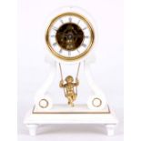 A LATE 19th CENTURY FRENCH SWINGING CHERUB MANTLE CLOCK with drum-shaped case on scroll supports